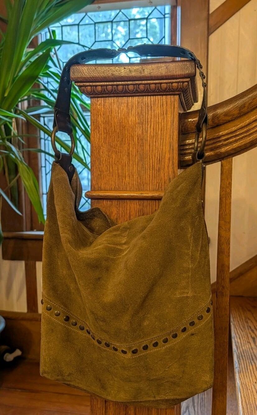 Sundance Italy suede leather studded shoulder slouch bag
